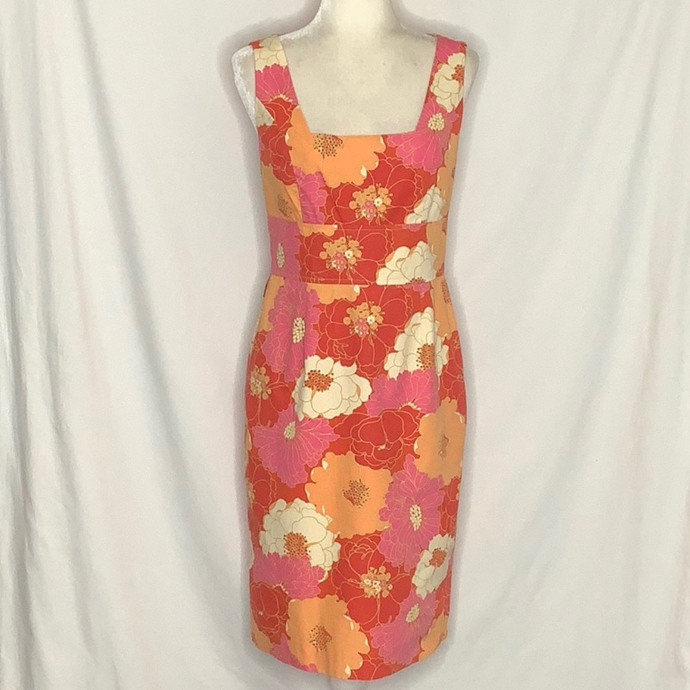 Sara Campbell Pink and Orange Floral Square Neck Sheath Dress Size 6